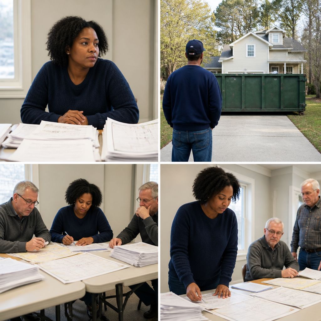 Man outside blocked driveway by dumpster with paperwork spread on table inside meeting room