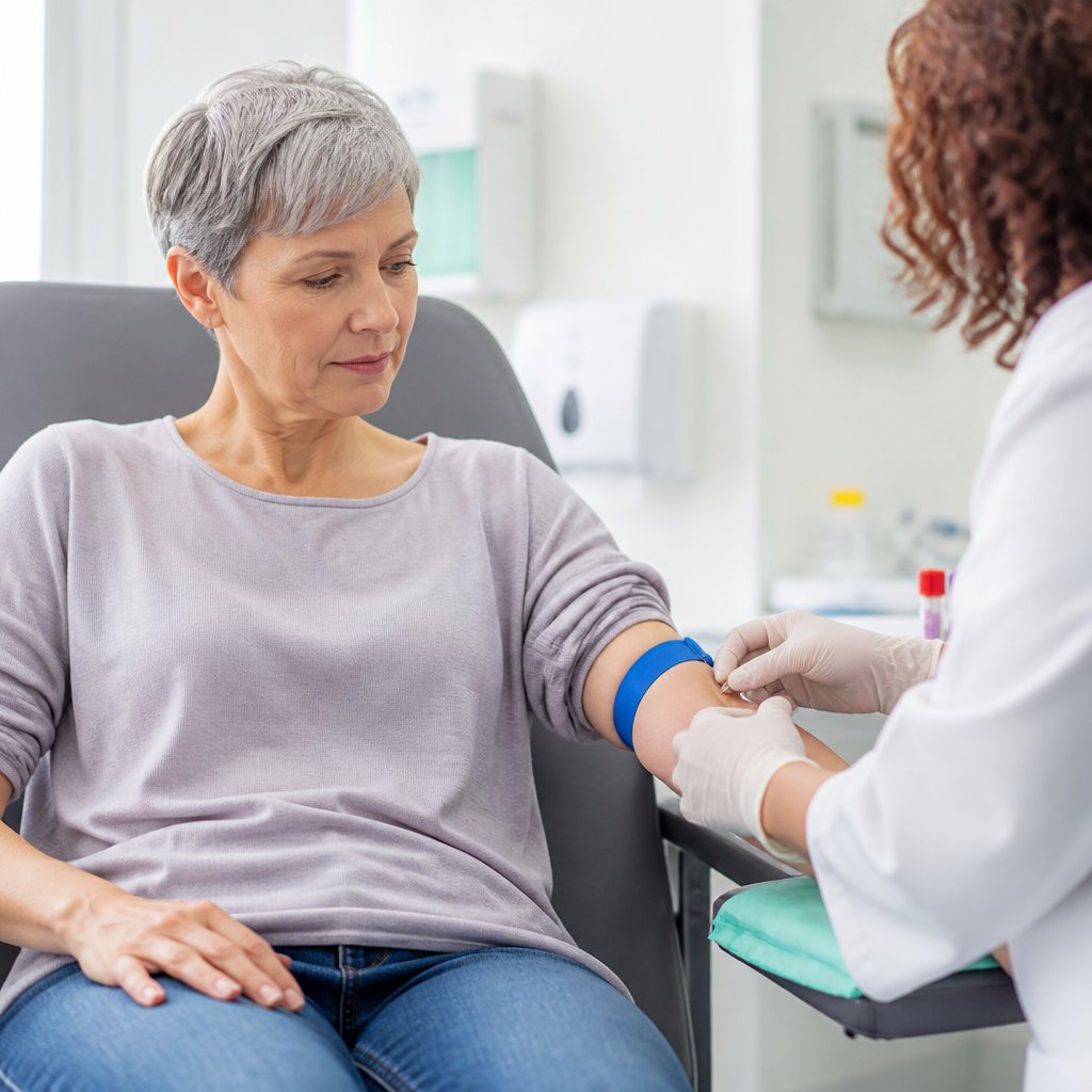 Patient having blood drawn in clinic, looking uncertain