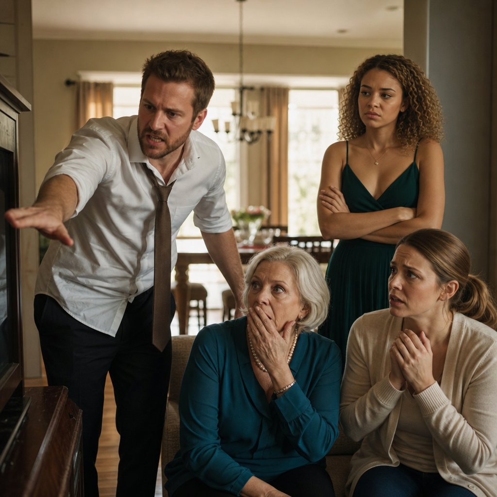 Grant reaches toward the TV while Iris watches and his mother sits stunned.