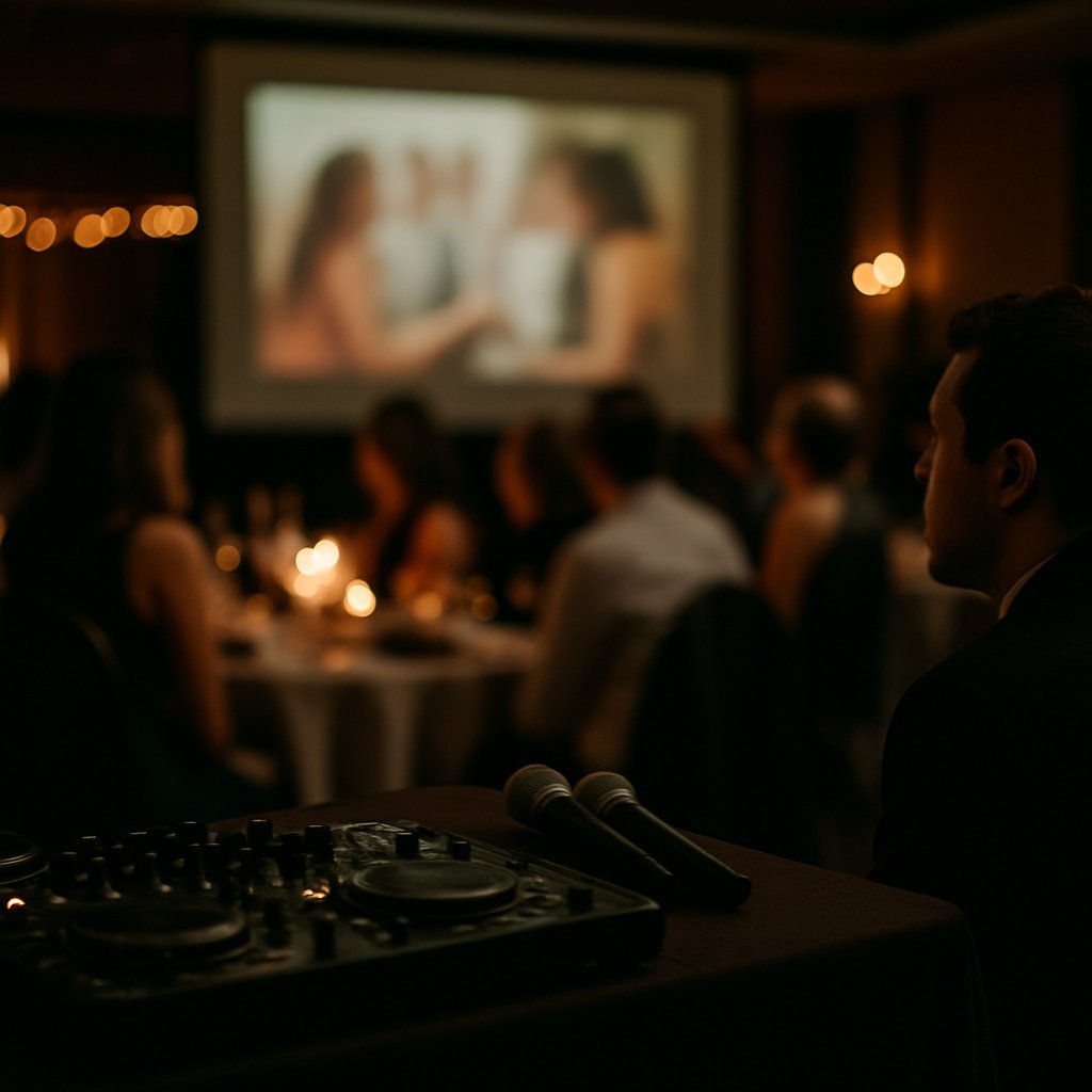 Wedding reception with slideshow and DJ equipment