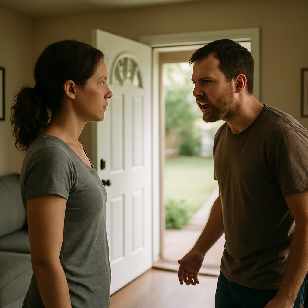 Woman standing firm in living room with open door, man angrily confronting her, daylight