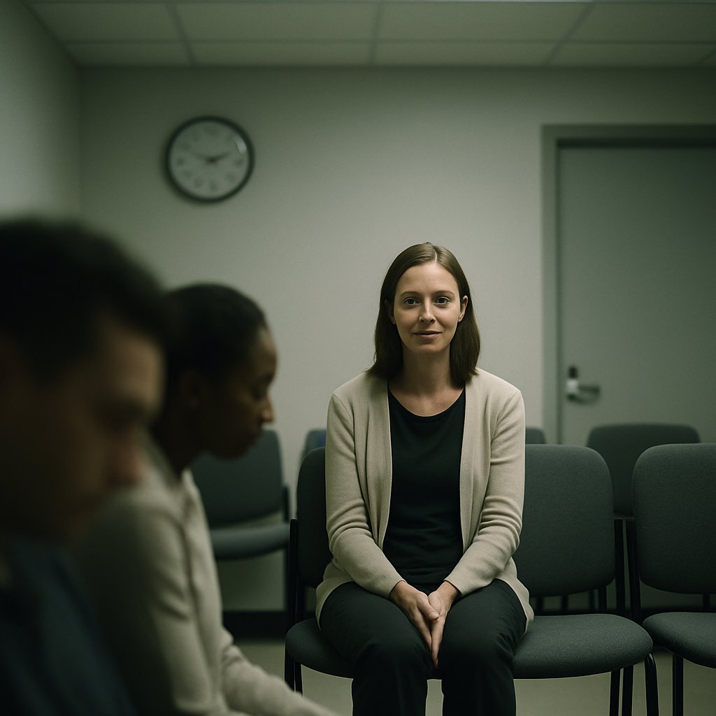Woman sitting quietly in office waiting room with muted colors and wall clock