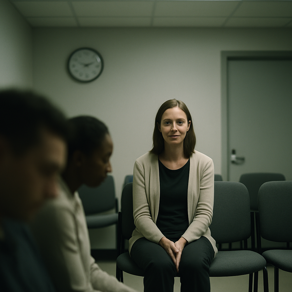 Woman sitting quietly in office waiting room with muted colors and wall clock