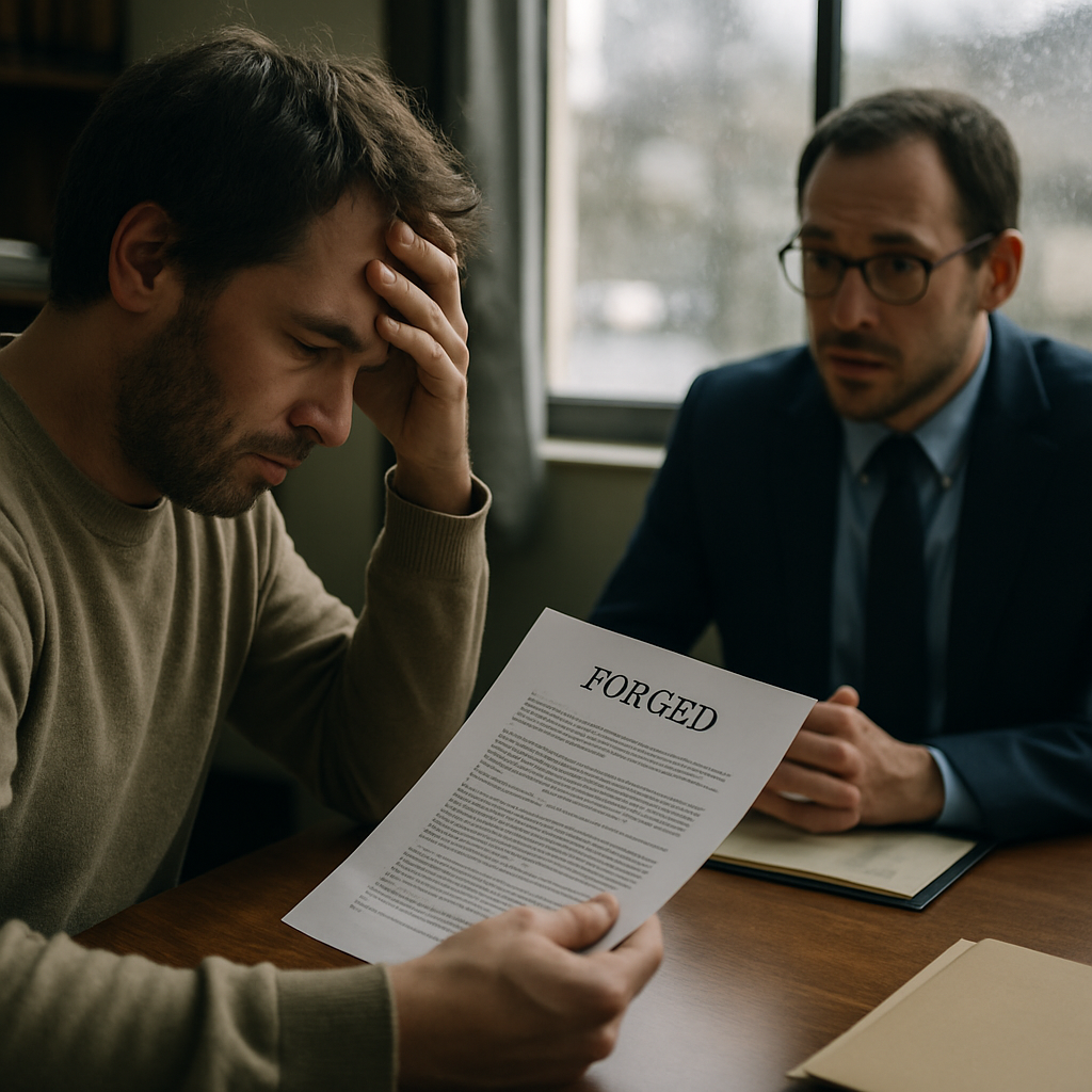 Homeowner confronting notary about forged HOA easement documents in a rainy office setting