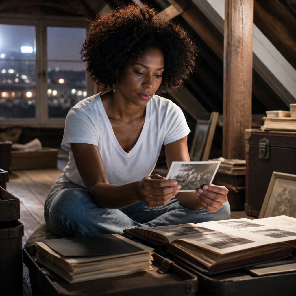 Man in attic examining photos with glare lights shining through bedroom window at night