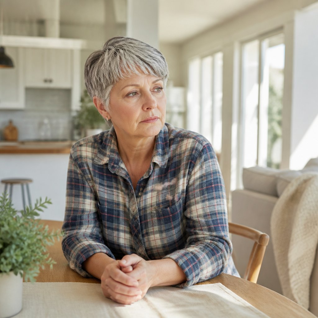 Woman sitting at kitchen table, reflecting after surprise lab call