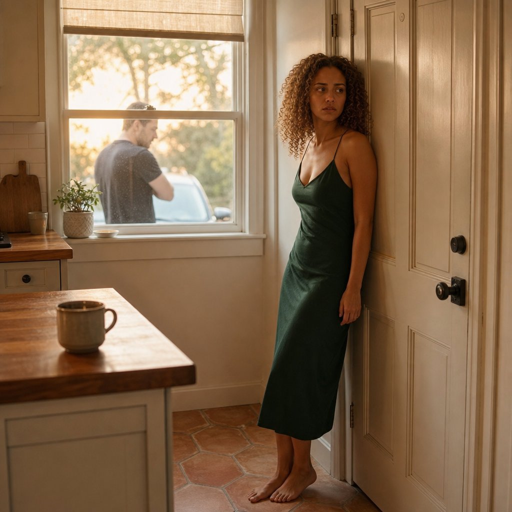 Iris braces against the door while Grant is outside, furious, after the account freeze.