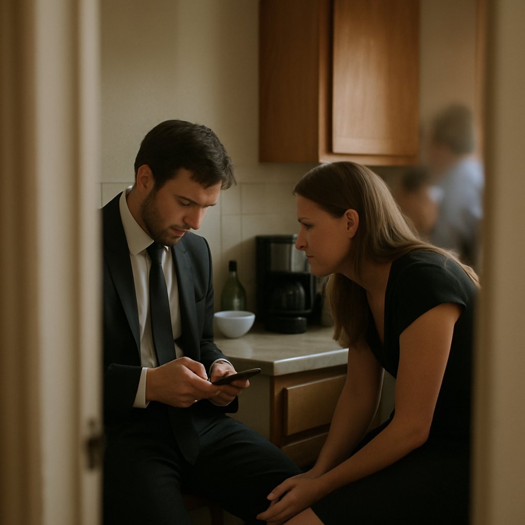 Woman texting secretly behind pantry door