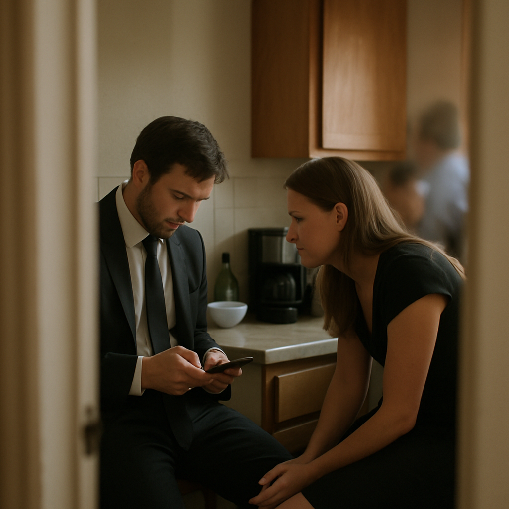 Woman texting secretly behind pantry door