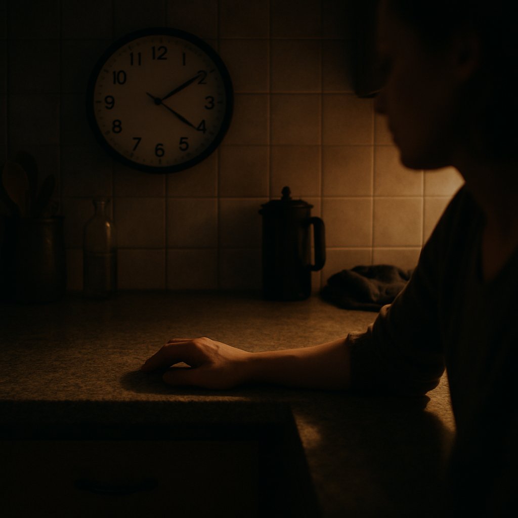 Hand resting on kitchen countertop under dim light, wall clock softly ticking nearby