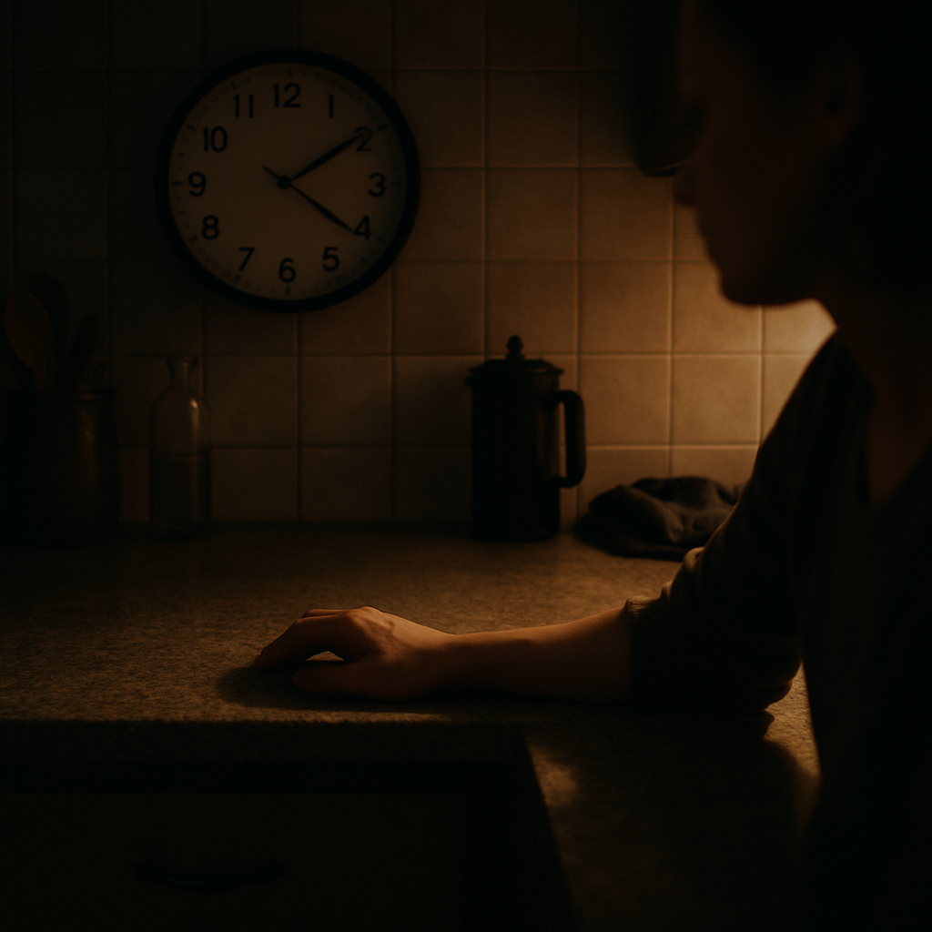 Hand resting on kitchen countertop under dim light, wall clock softly ticking nearby