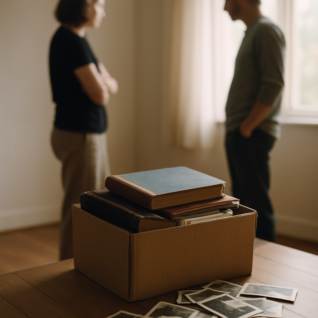 Box of photo albums on wooden floor with two blurred figures standing nearby