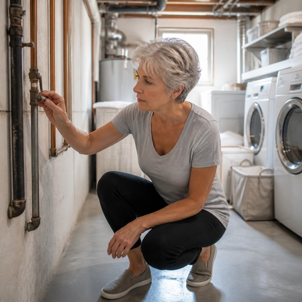 Woman inspecting basement pipes near laundry machines, concerned