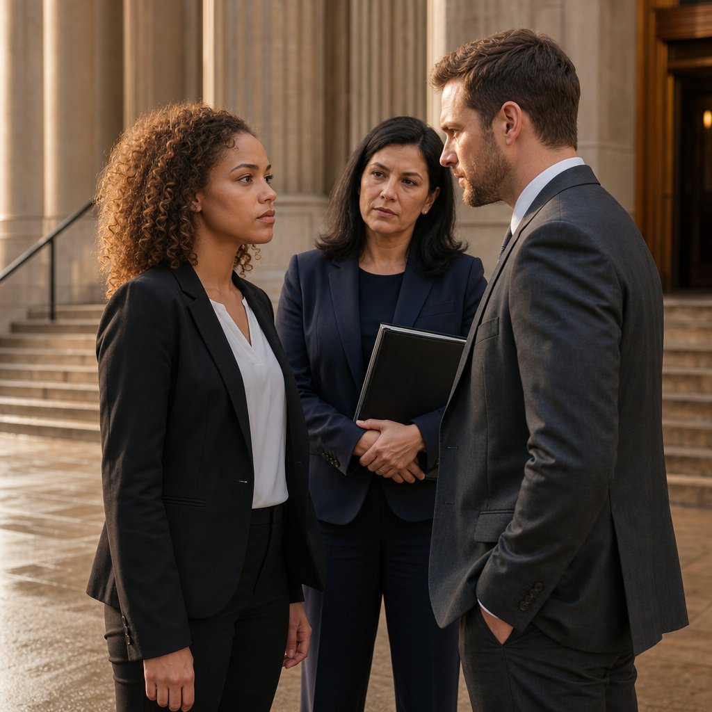 Outside court, Grant leans in toward Iris while reaching into his pocket as her lawyer stands behind her.