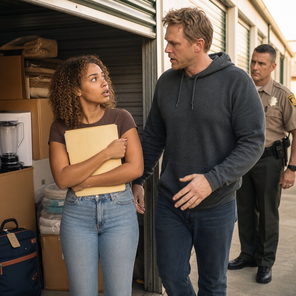 Iris clutches a thick folder at an open storage unit as Grant steps toward her, tense, with boxed household items stacked behind them and a deputy watching.