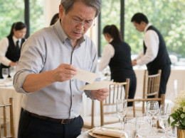 An older man with gray hair and reading glasses finds a second place card tucked beneath another at a wedding table.