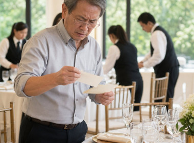 An older man with gray hair and reading glasses finds a second place card tucked beneath another at a wedding table.