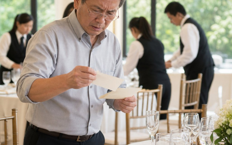 An older man with gray hair and reading glasses finds a second place card tucked beneath another at a wedding table.