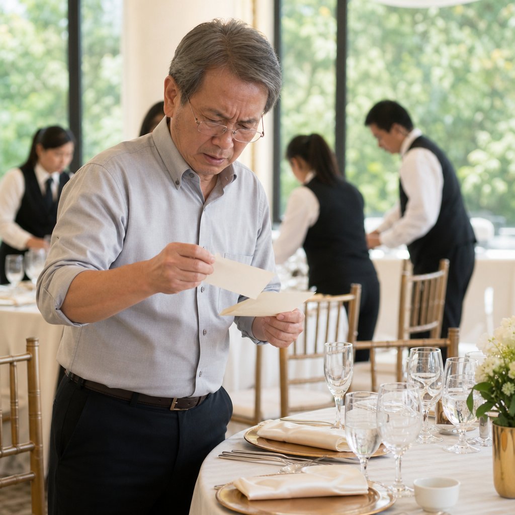 An older man with gray hair and reading glasses finds a second place card tucked beneath another at a wedding table.