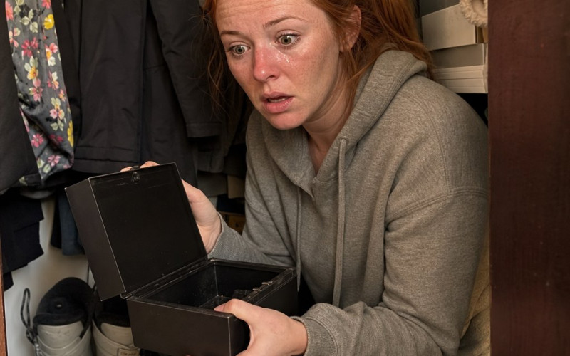 A red-ponytailed woman crouches in a closet holding an open lockbox, shocked.