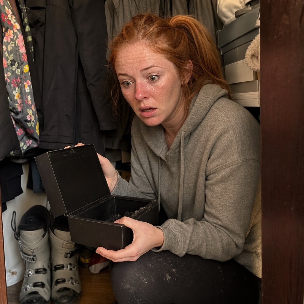 A red-ponytailed woman crouches in a closet holding an open lockbox, shocked.