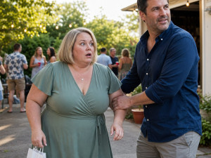 A freckled blonde woman looks stunned as a dark-haired man grips her elbow in a driveway during a party, a small white gift bag clenched in her hand.