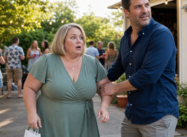 A freckled blonde woman looks stunned as a dark-haired man grips her elbow in a driveway during a party, a small white gift bag clenched in her hand.