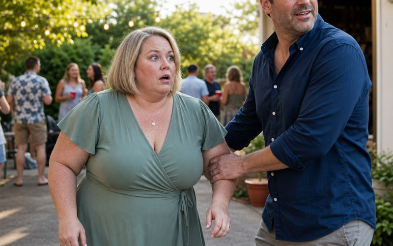 A freckled blonde woman looks stunned as a dark-haired man grips her elbow in a driveway during a party, a small white gift bag clenched in her hand.