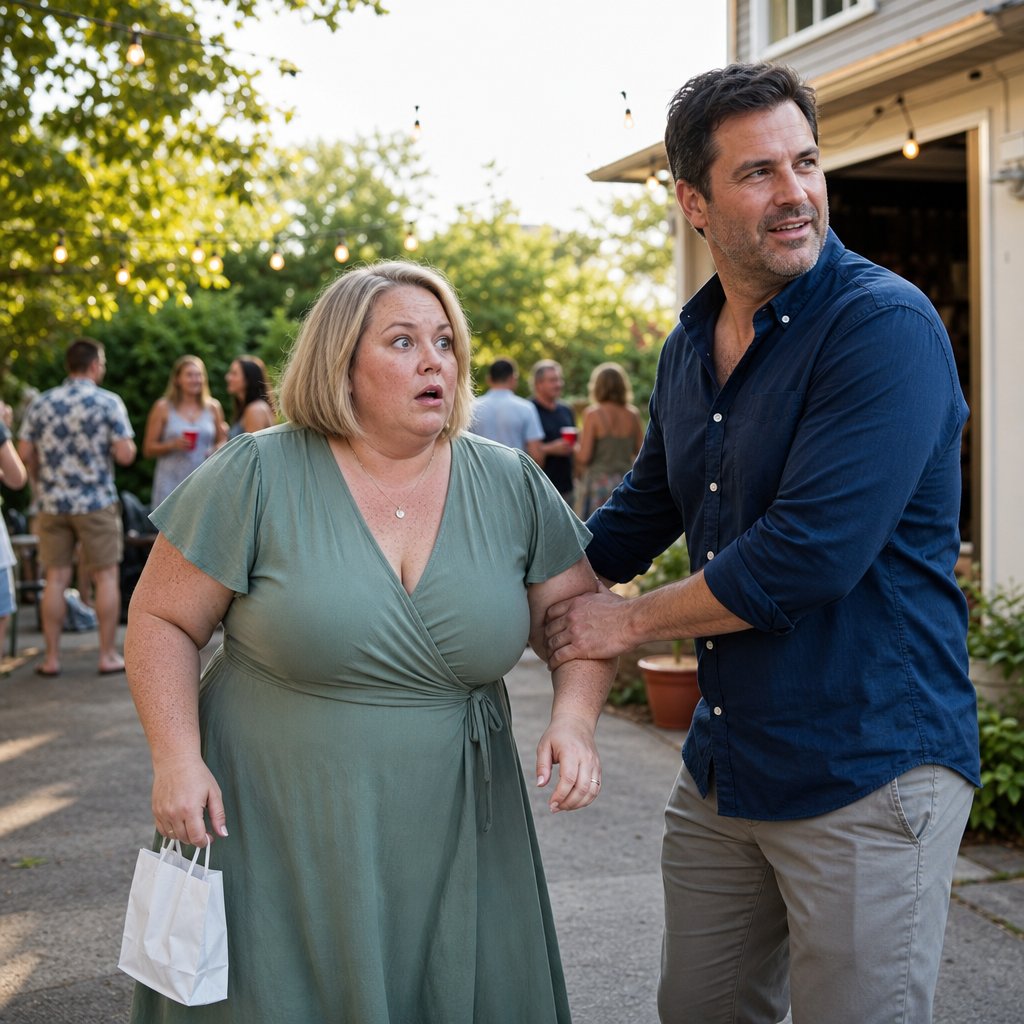 A freckled blonde woman looks stunned as a dark-haired man grips her elbow in a driveway during a party, a small white gift bag clenched in her hand.