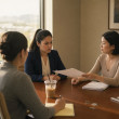 In an HR conference room, Lena slides a printed screenshot across the table toward Mara while Legal prepares to take notes.