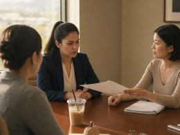 In an HR conference room, Lena slides a printed screenshot across the table toward Mara while Legal prepares to take notes.