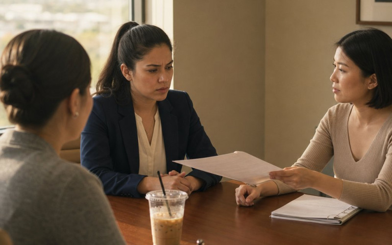 In an HR conference room, Lena slides a printed screenshot across the table toward Mara while Legal prepares to take notes.