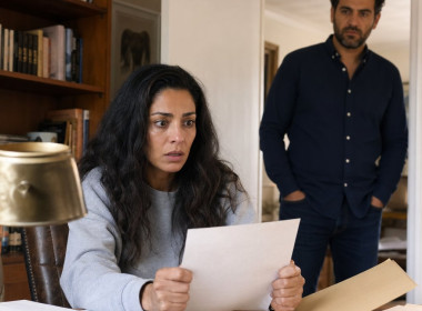 Claire grips a deed-like paper at her desk as Grant watches from the doorway, tension visible in their faces.