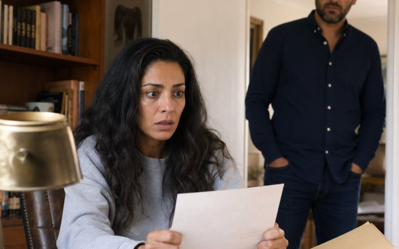 Claire grips a deed-like paper at her desk as Grant watches from the doorway, tension visible in their faces.