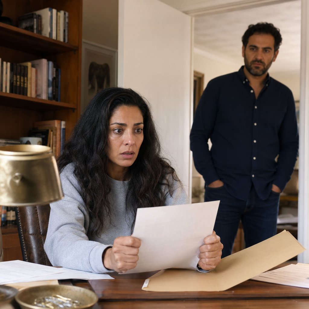 Claire grips a deed-like paper at her desk as Grant watches from the doorway, tension visible in their faces.