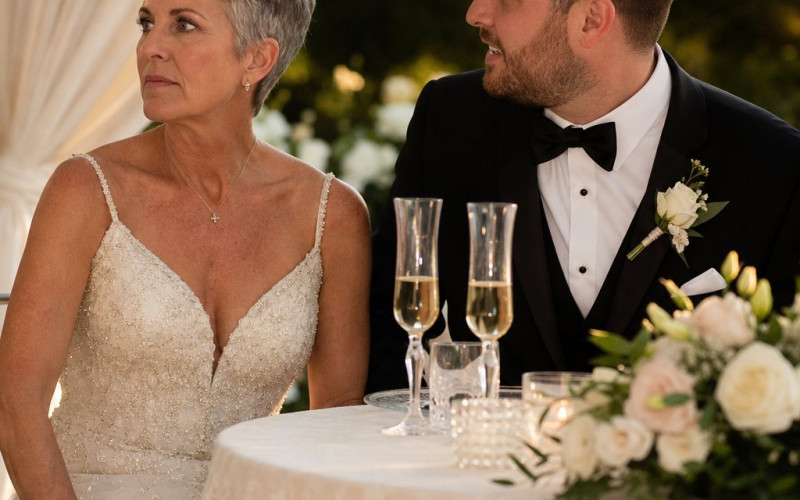 The bride grips a face-down phone under the sweetheart table while the groom turns toward her, smiling uncertainly.