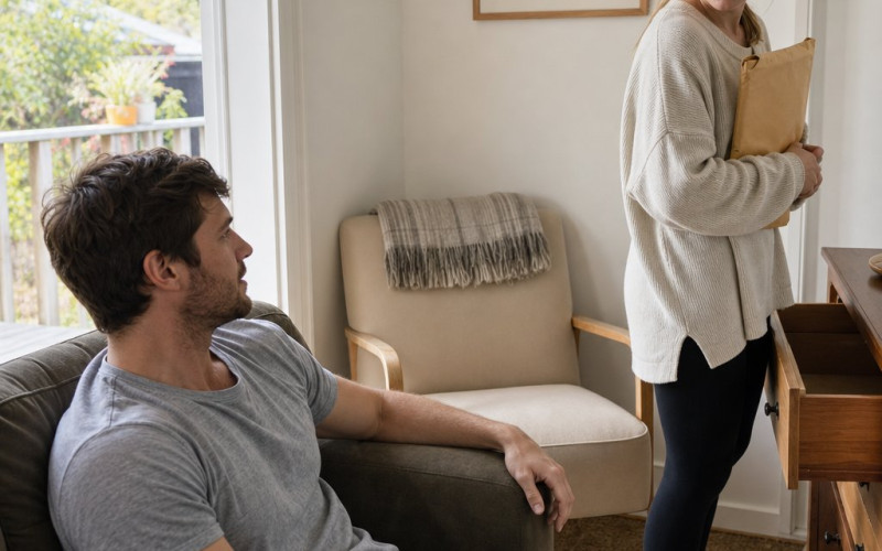 Tessa stands at Miles’s open desk drawer holding an envelope while Miles watches from the couch.