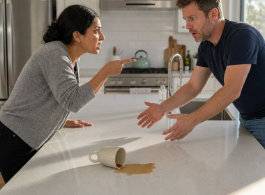 Maren confronts Caleb across the kitchen island as he reaches toward the phone, coffee spilled nearby.