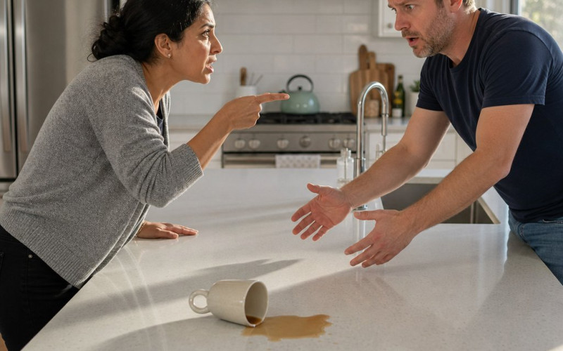 Maren confronts Caleb across the kitchen island as he reaches toward the phone, coffee spilled nearby.