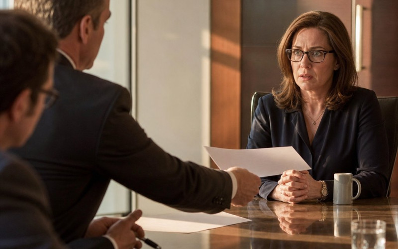 An investigator slides a printed page toward a tense woman in glasses at a boardroom table.