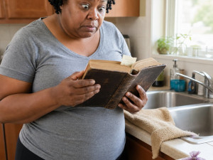 Iris in her kitchen holding open a Bible as a pawn ticket slips out, her face tense with shock.