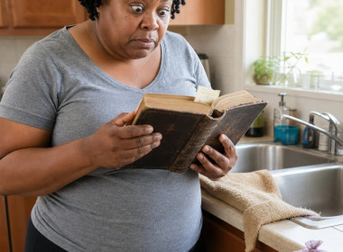 Iris in her kitchen holding open a Bible as a pawn ticket slips out, her face tense with shock.
