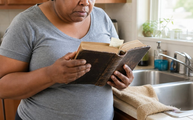 Iris in her kitchen holding open a Bible as a pawn ticket slips out, her face tense with shock.