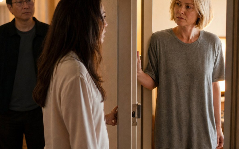 Mara confronts Sloane at a hotel room door; a gold ring sits on a dresser inside.