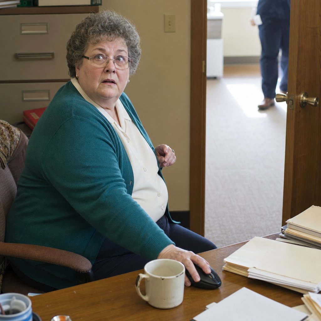 A gray-haired woman in glasses freezes at her desk as someone stops in her doorway.