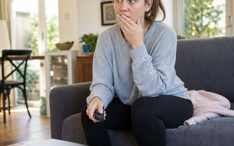 Lena sits rigid on a couch, hand to her mouth, staring ahead as if shocked by what she just saw.