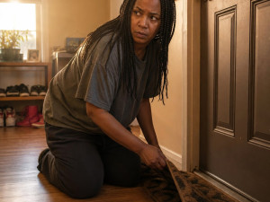 A Black woman with long box braids kneels by her front door, lifting the doormat to reveal a paper slipped underneath.
