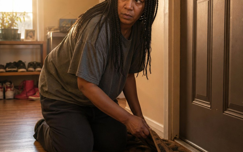 A Black woman with long box braids kneels by her front door, lifting the doormat to reveal a paper slipped underneath.