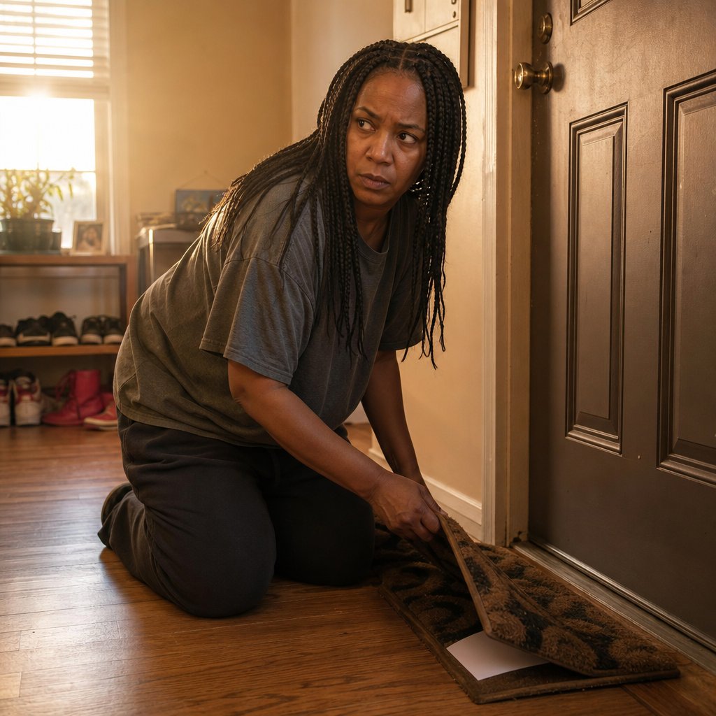 A Black woman with long box braids kneels by her front door, lifting the doormat to reveal a paper slipped underneath.