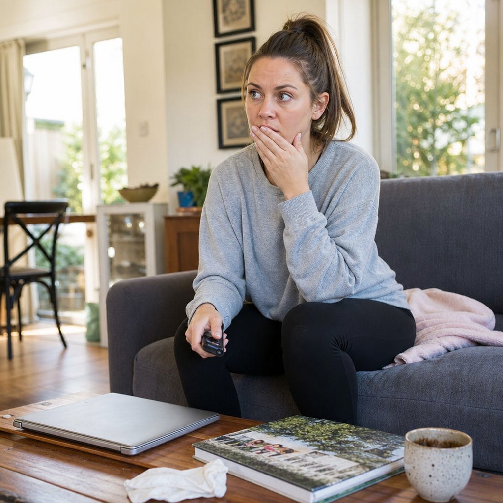 Lena sits rigid on a couch, hand to her mouth, staring ahead as if shocked by what she just saw.
